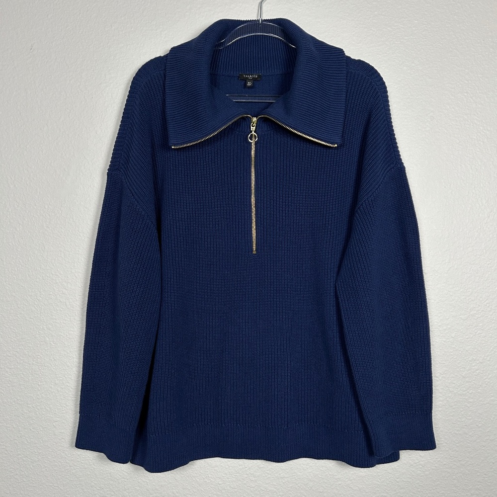 Talbots plus size 2X half zip knit sweater navy ribbed 100% Pima cotton